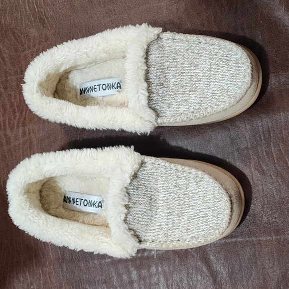 Minnetonka Comfort Cream Leather Faux Fur Slipper Flats Size 7‎ Preowned Women's - Picture 1 of 10